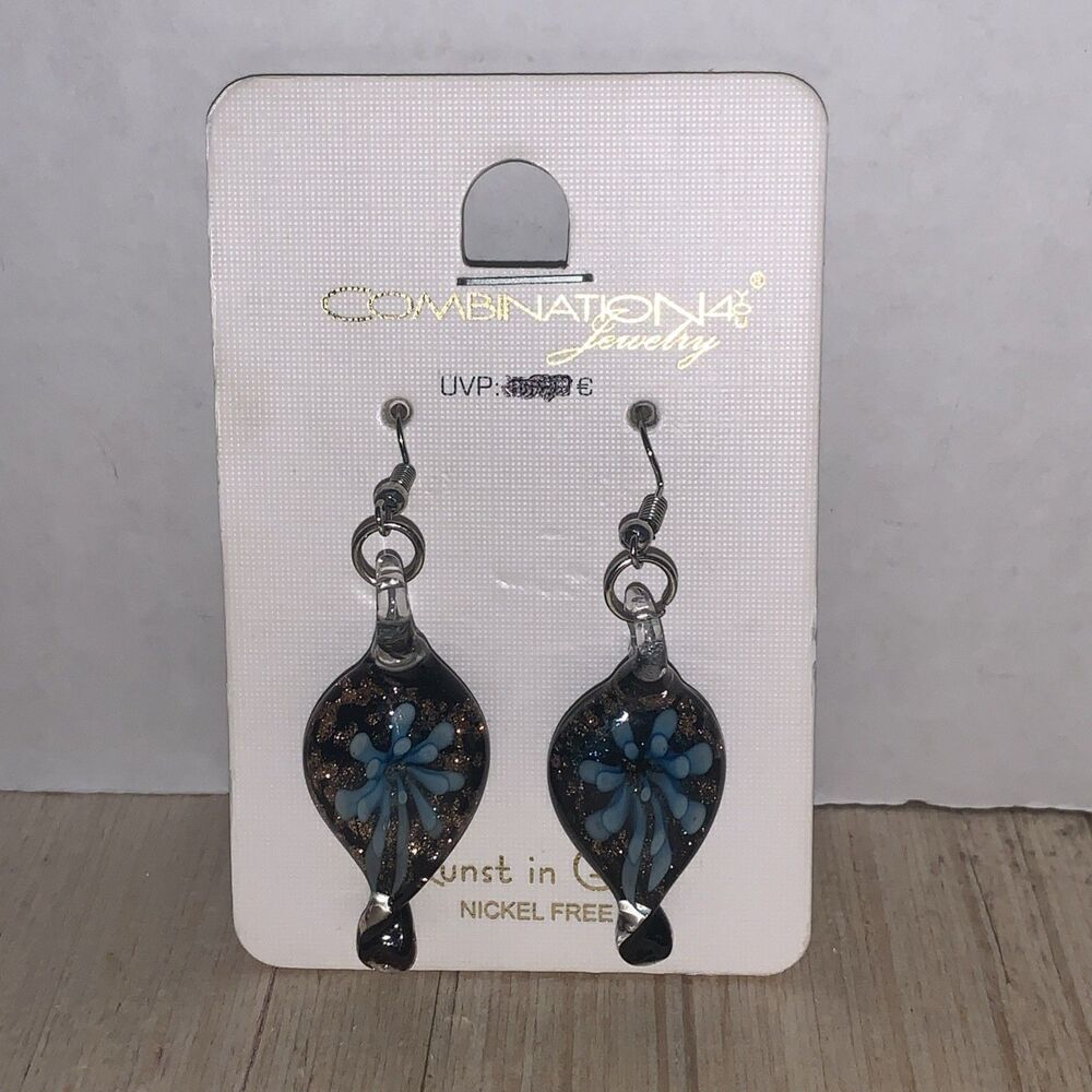 German Art Glass Earring Set Black/blue Hand blown Earrings Nickel Free Artsy